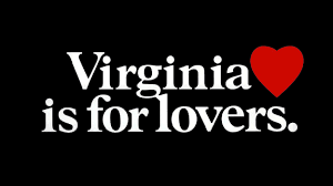 White font that says Virginia is for lovers with a red heart next to it.