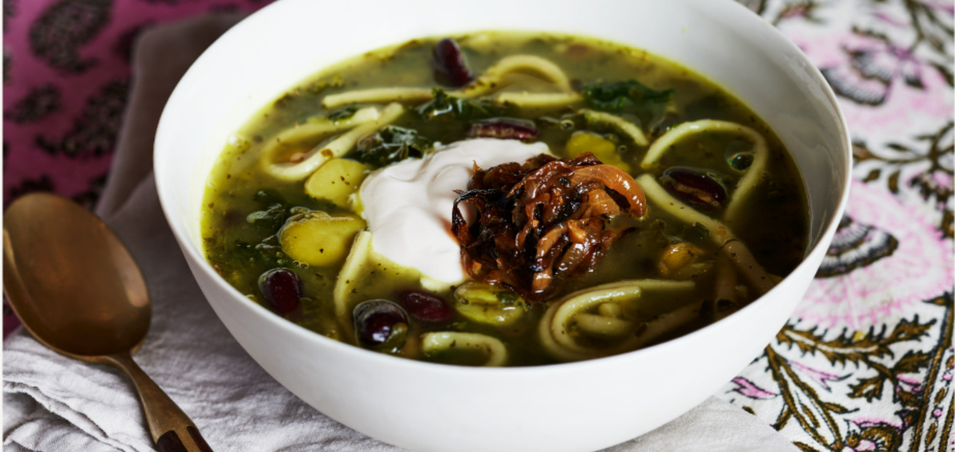 Iranian Bean, Herb, and Noodle Soup with kashk