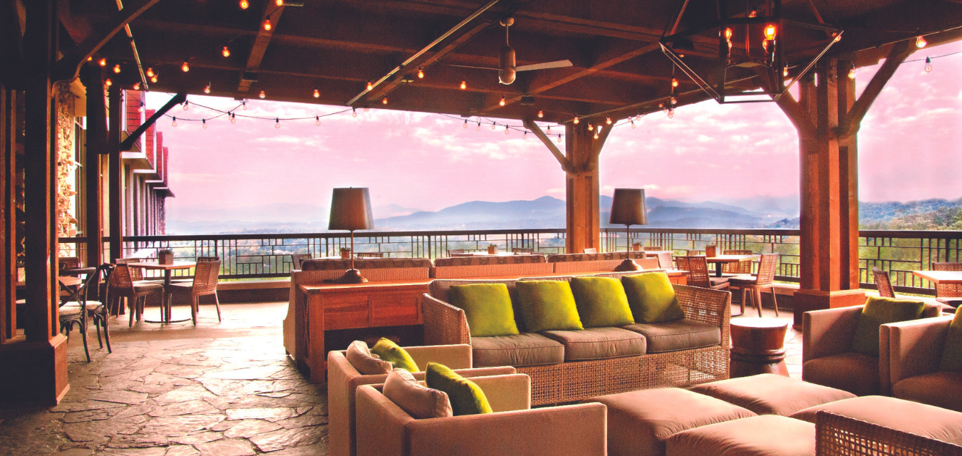 Terrace in at Omni Grove Park Inn in Asheville features views of the Blue Ridge Mountains