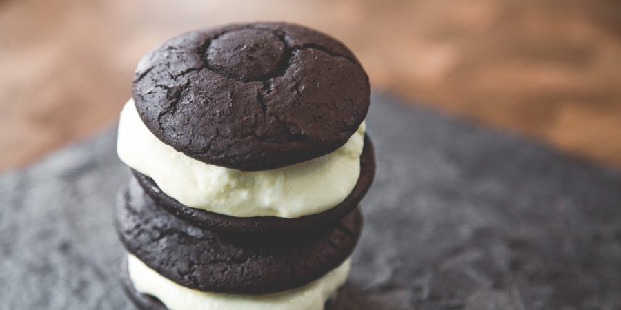 Stack of chocolate whoopie pies with mint ice cream for a Labor Day dessert.