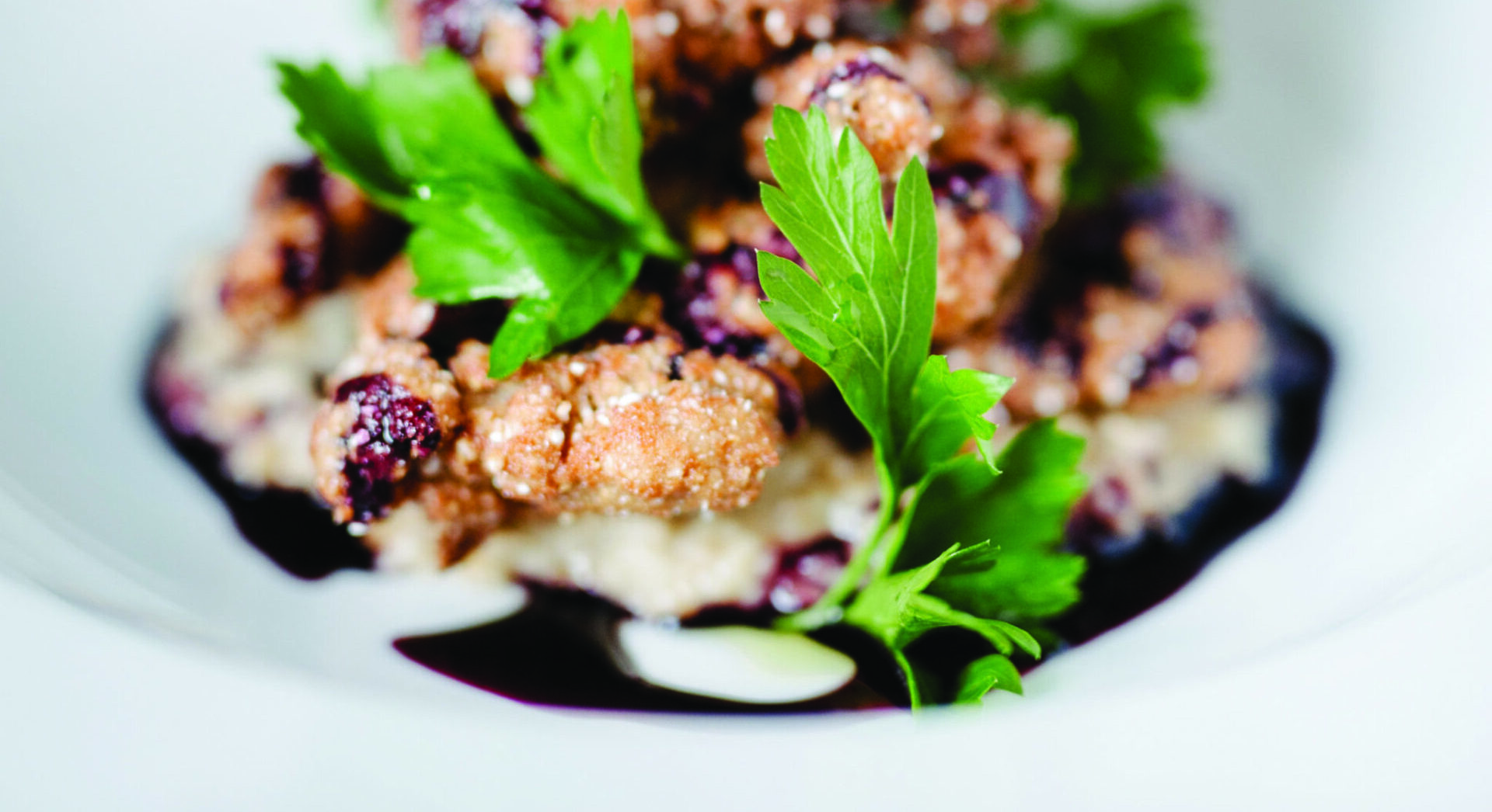 Miso Fried Quail with Concord Grape Hot Sauce and Dirty Oats
