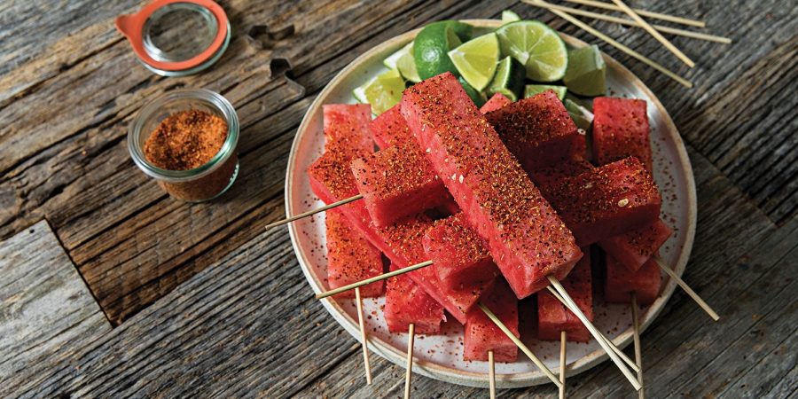Plate of watermelon skewers for a refreshing Kentucky Derby Food Idea