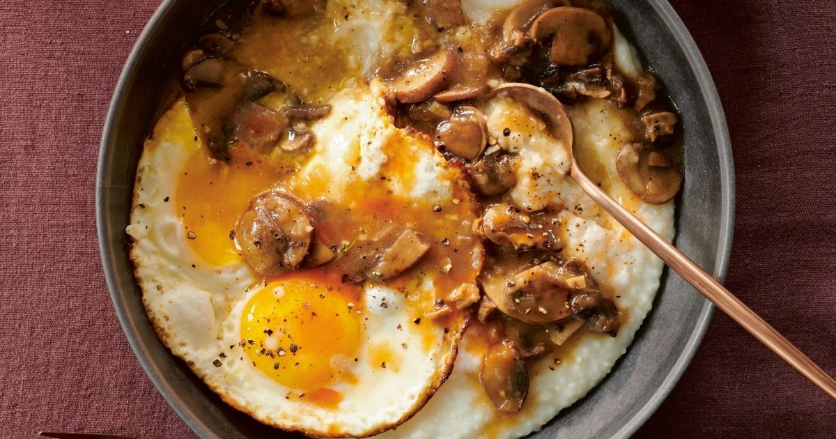 Overnight Grits with Fried Eggs and Mushroom Ragout