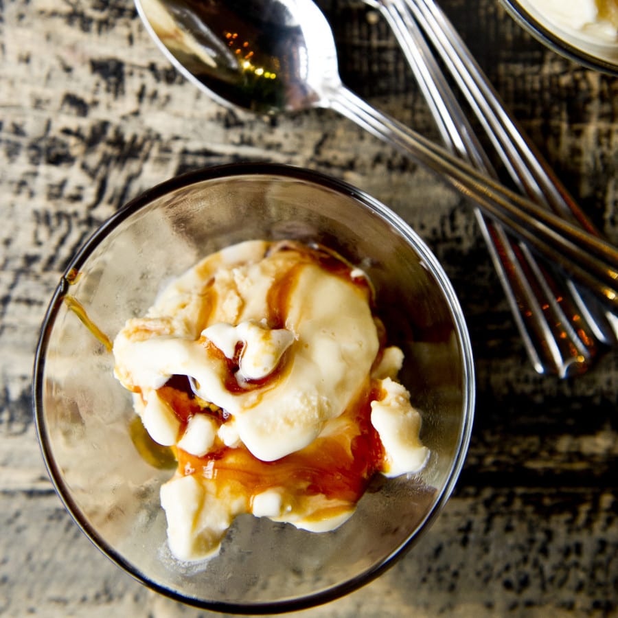 Flan ice cream with caramel in a bowl
