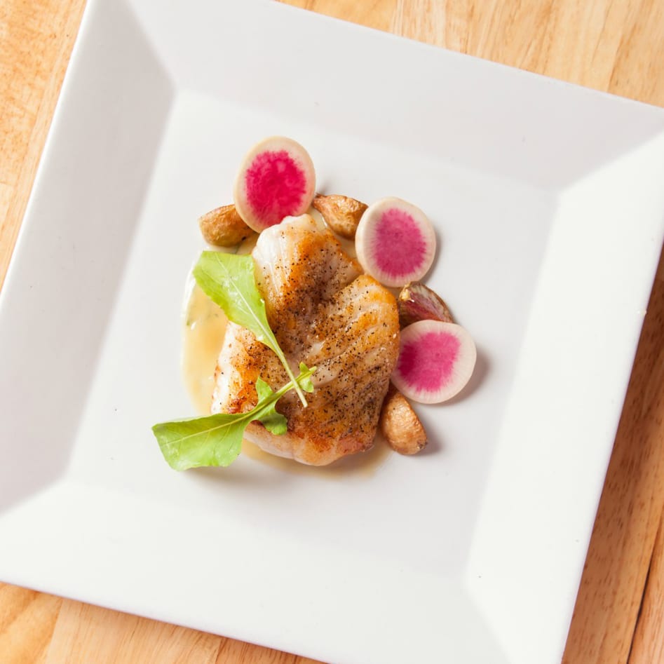 Pan-Seared Gulf Grouper with Muscadine Beurre Blanc and Radish Salad from Chef Chris Rainosek of The Noble South