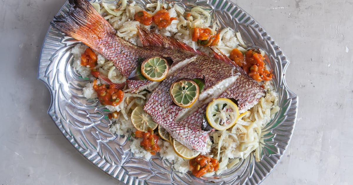 Herb Roasted whole snapper with lemon and rice
