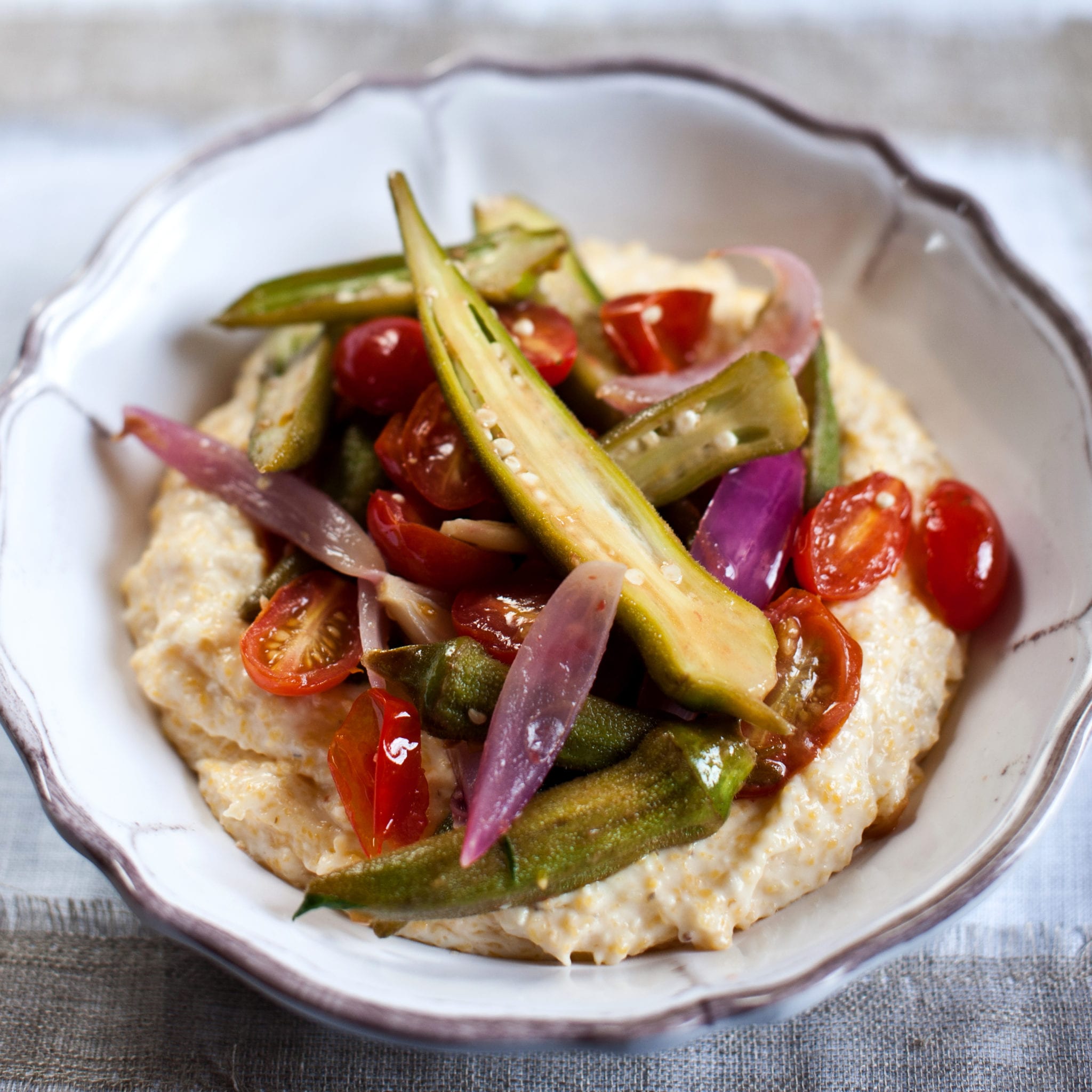 Pan-Fried-Okra-Shallots-and-Tomatoes-Over-Grits