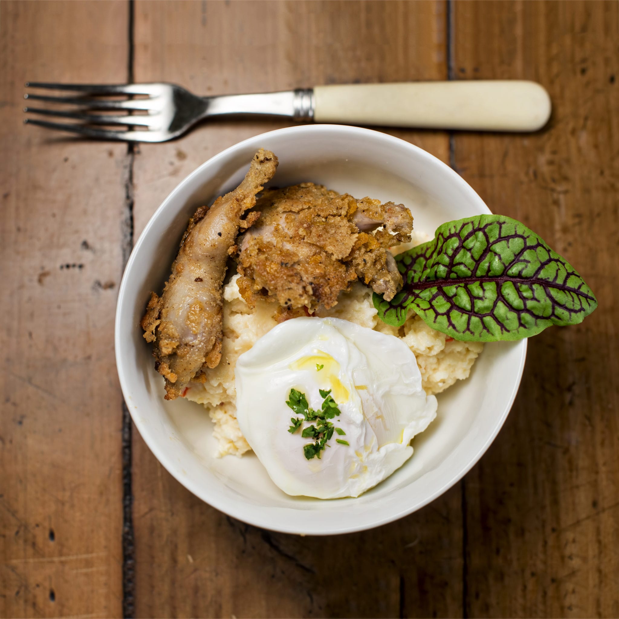 Pimento-Cheese-Weisenberger-Grits-with-Fried-Quail-and-Farm-Fresh-Soft-Boiled-Egg