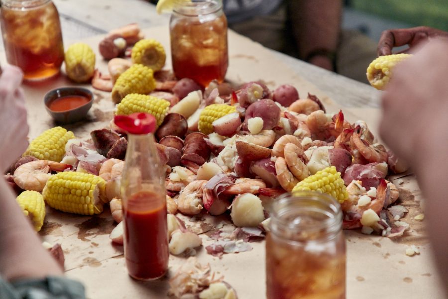 Photograph of a Lowcountry boil with shrimp, potatoes, corn, and sausage--a favorite of South Carolina foods