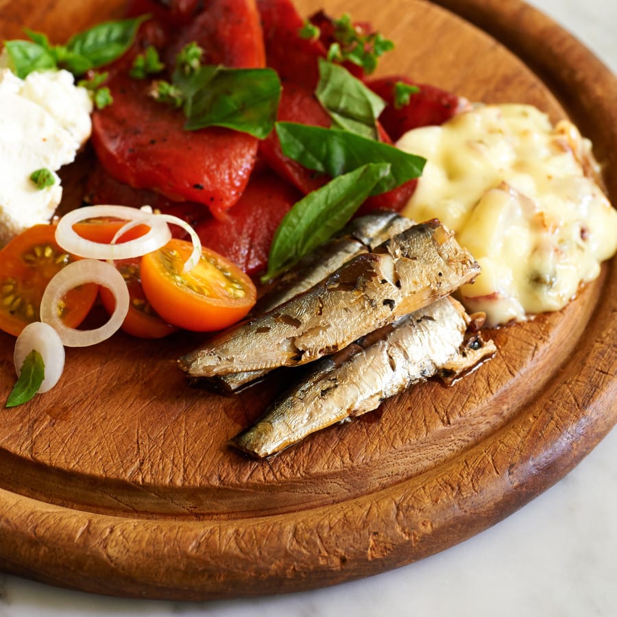 Sardines with Skordalia Roasted Red Peppers and Goat Cheese x