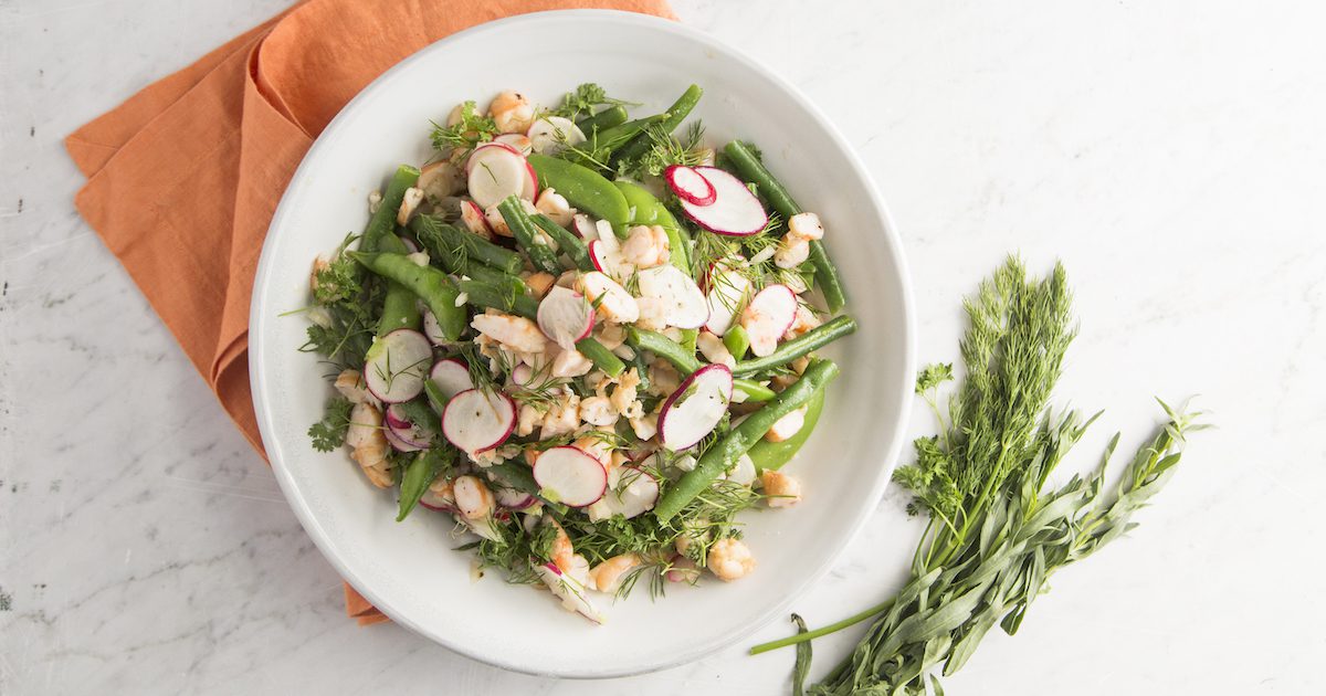 Snap bean and radish salad with pickled shrimp