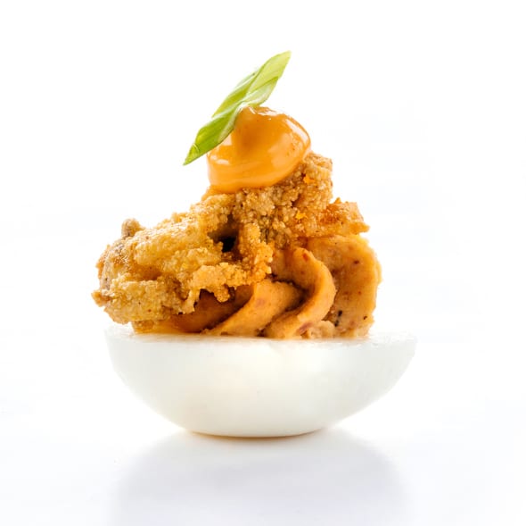 Tasso-Deviled-Eggs-with-Fried-Oyster-and-Sriracha-Aioli