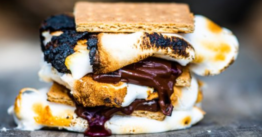 Photograph of a s'more melting, a camping food