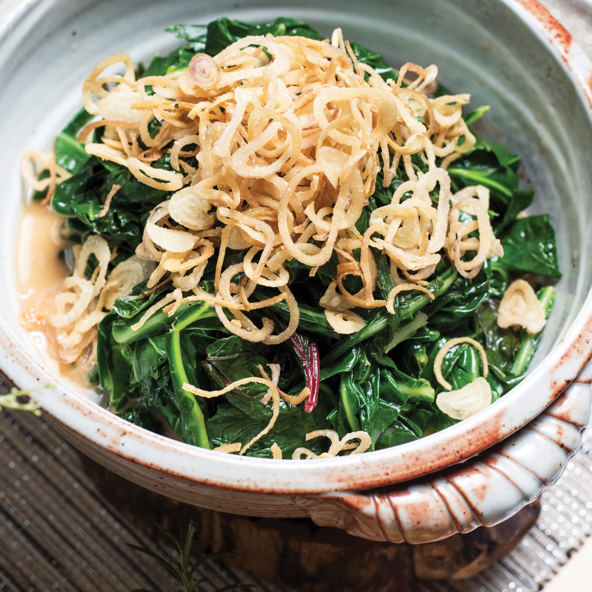 Wilted Greens with Shallot Jam and Fried Shallots