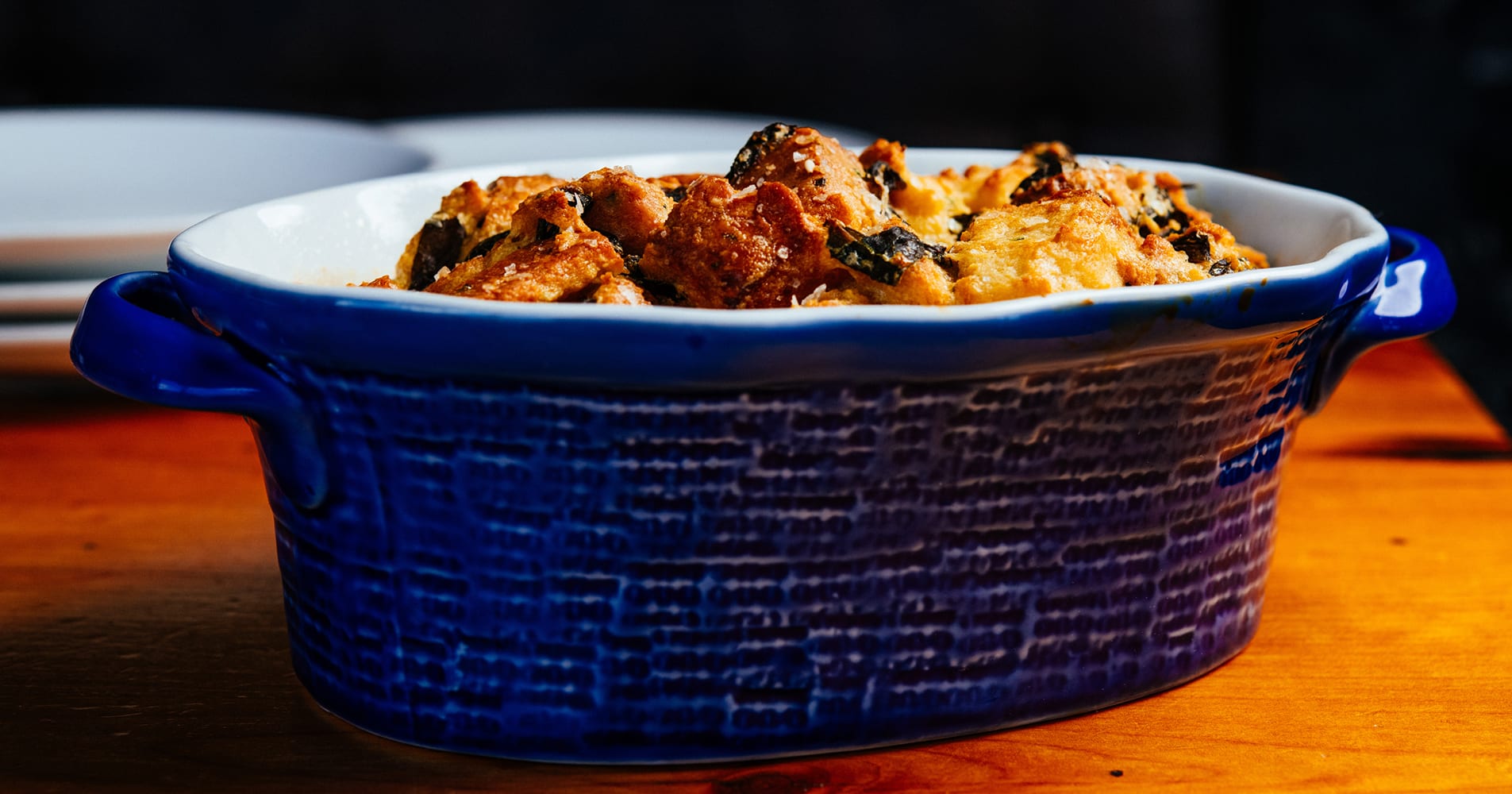 Savory Bread Pudding with Creamed Greens