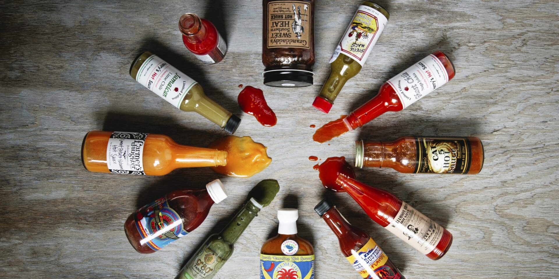 Photograph of all the best hot sauces in a circle