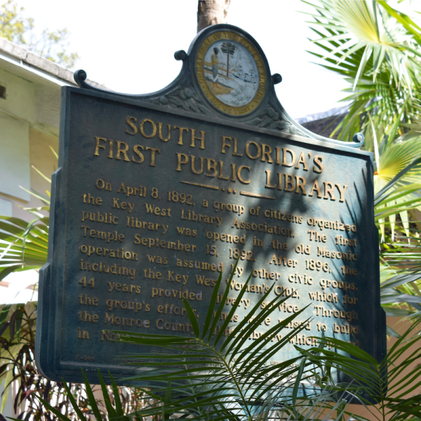 A plaque of South Florida's First Public Library in The Keys