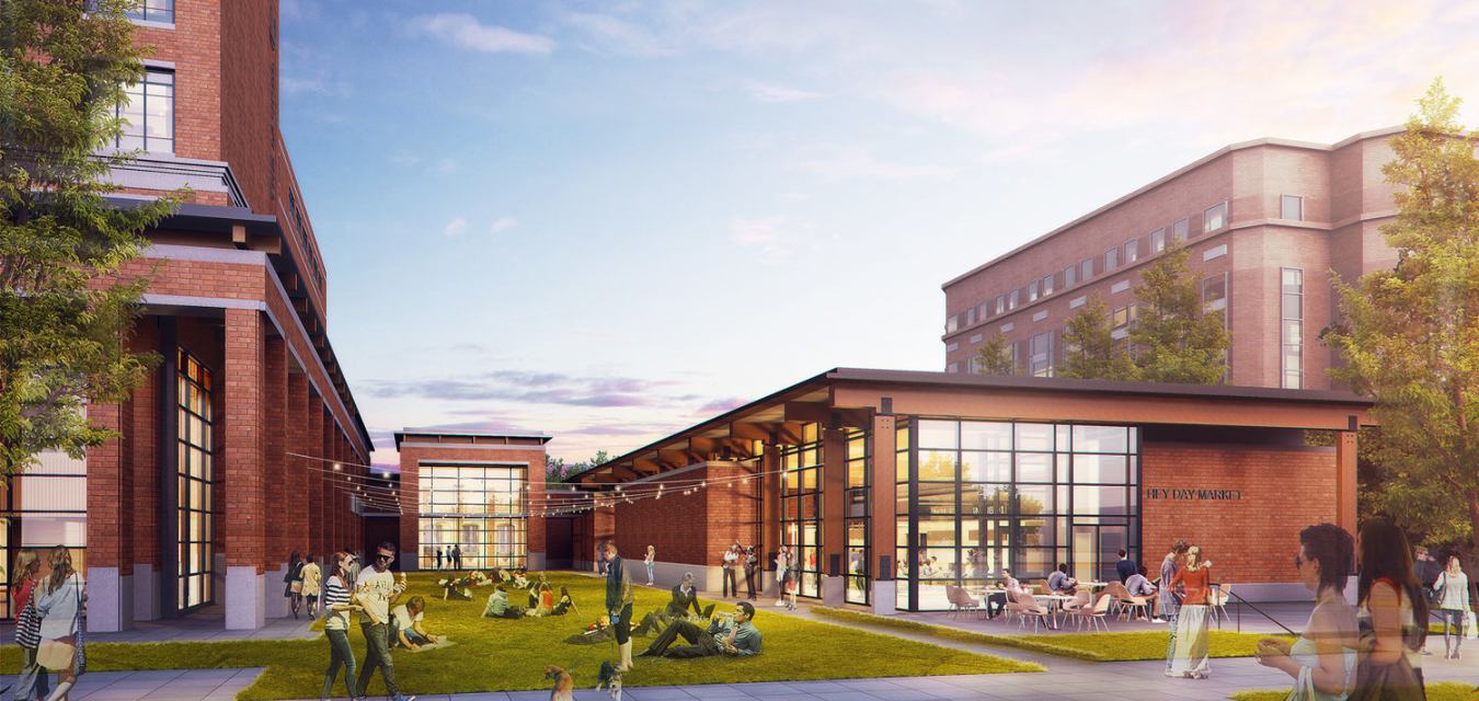 photograph of a rendering of the outside of Hey Dey Market at Auburn University being built now