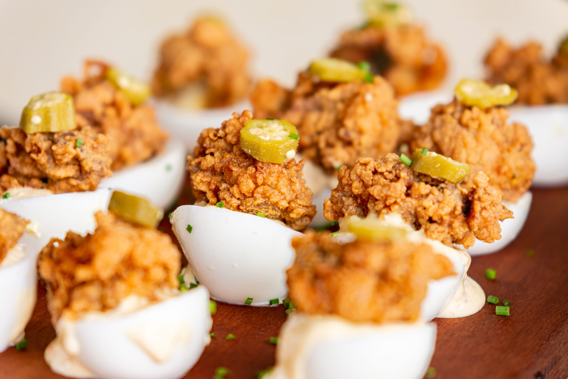 Fried oyster deviled eggs