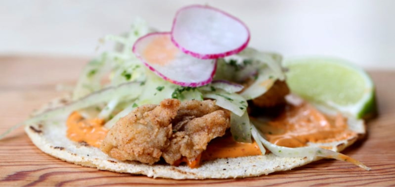 Fried oyster taco with fennel slaw and chipotle cream