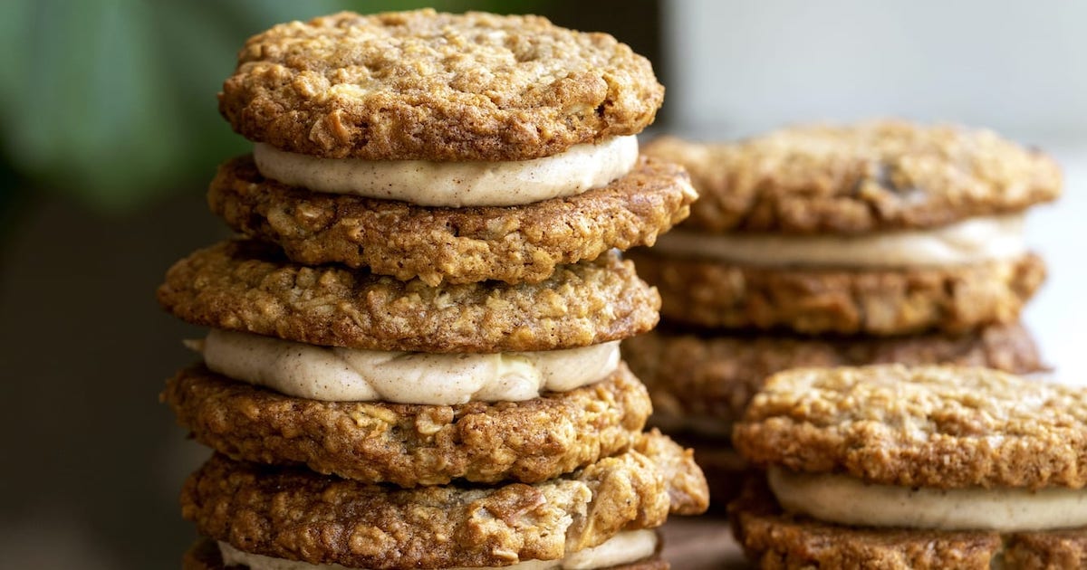 Apple oatmeal cream pie cookies, stacked, are one of our favorite apple recipes