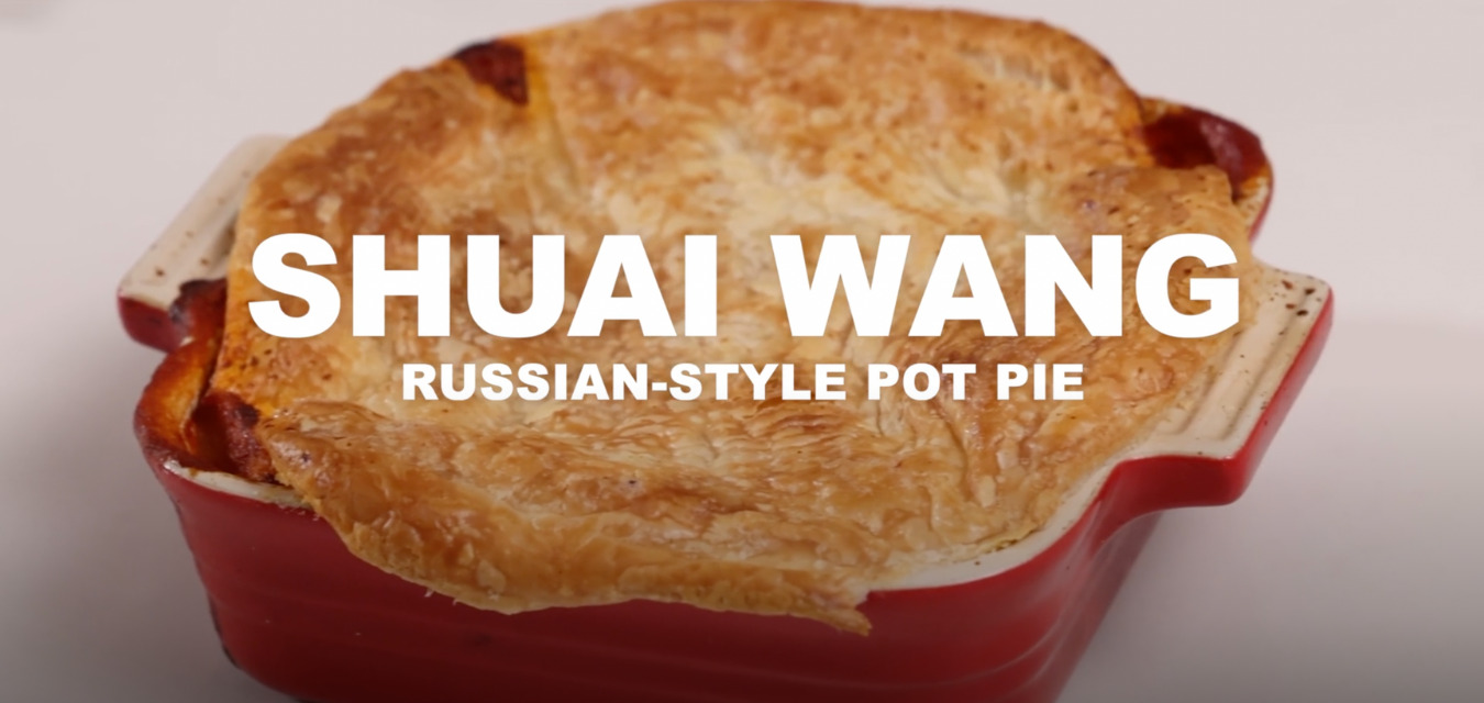 Shuai Wang's puffy crusted Russian-Style Pot Pie in a square, ceramic dish