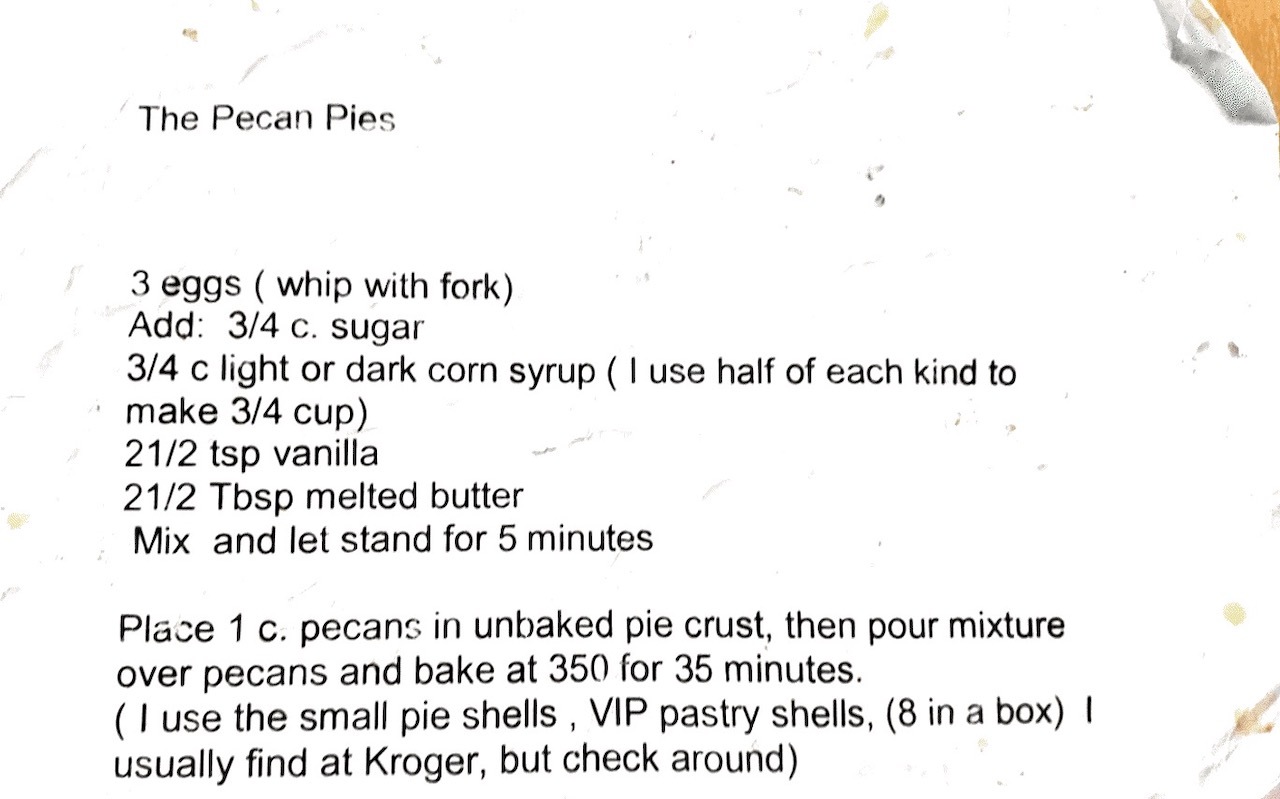 Written recipe for G-Mom's Pecan Pies