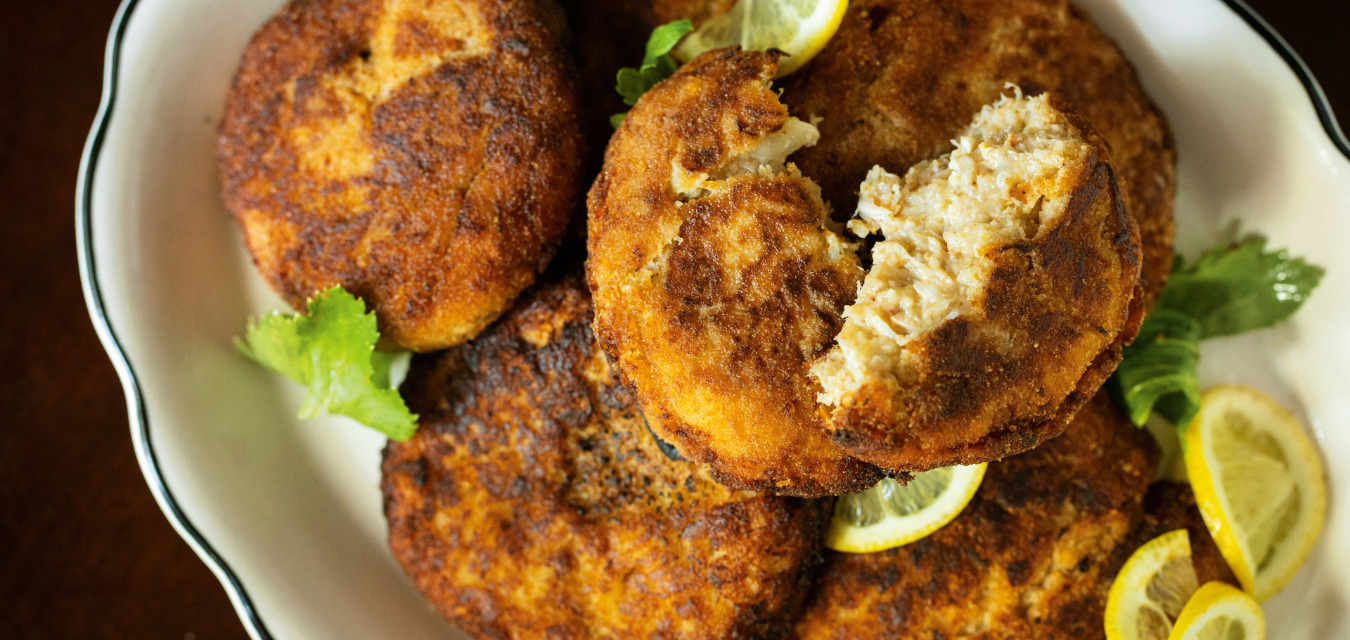 Platter of crab cakes from Gullah Geechee Home Cooking by Emily Meggett