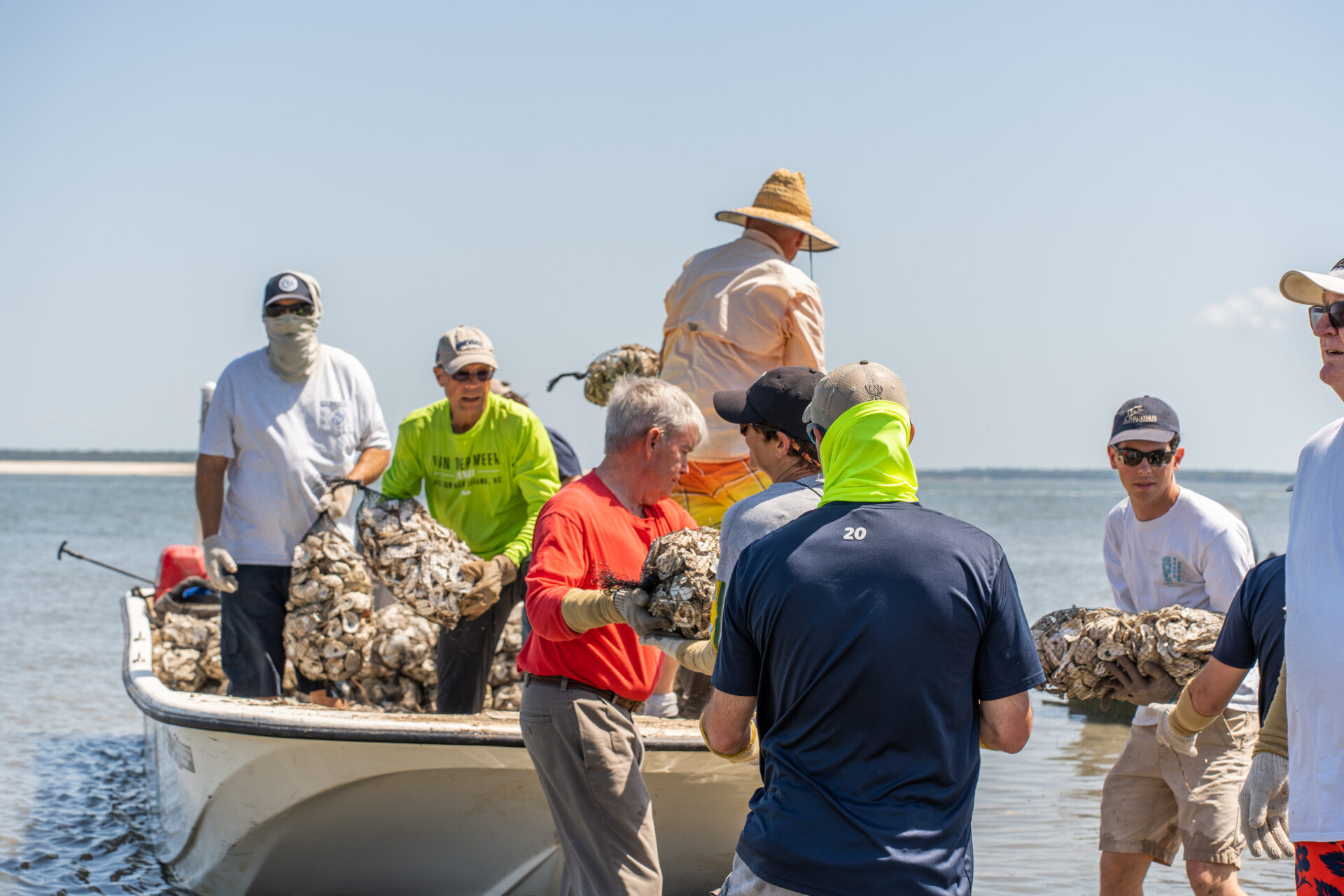 Community member placing bags of oysters at the oyster reef rebuilding site in Daufuskie Island.