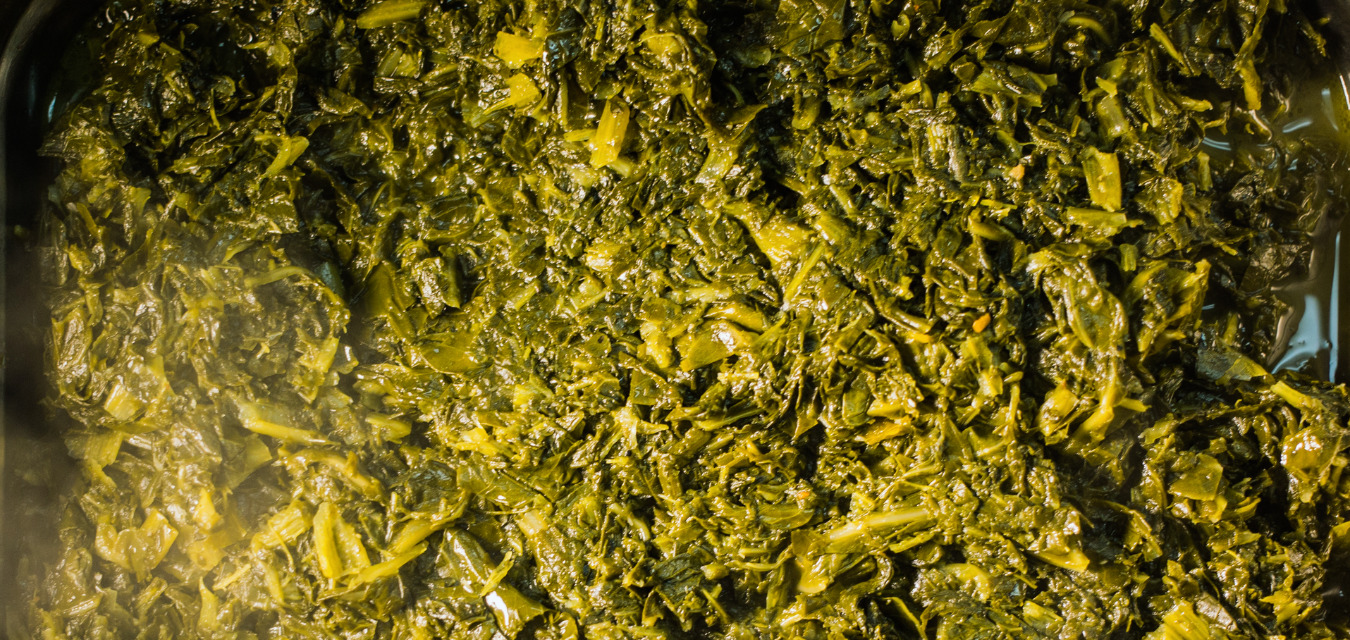 A pan of Arnold's renowned southern greens from Arnold's Country Kitchen