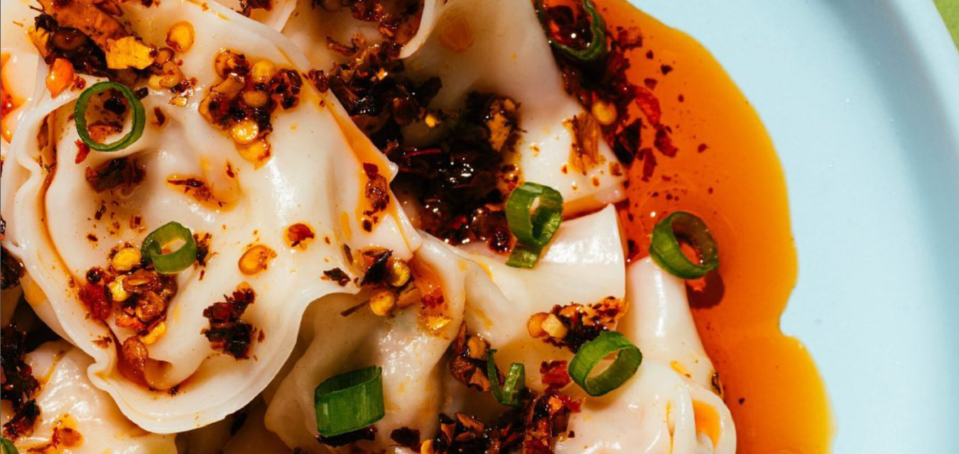 A plate of wontons in chili oil from Sum Bar, the first dim sum restaurant in Greenville