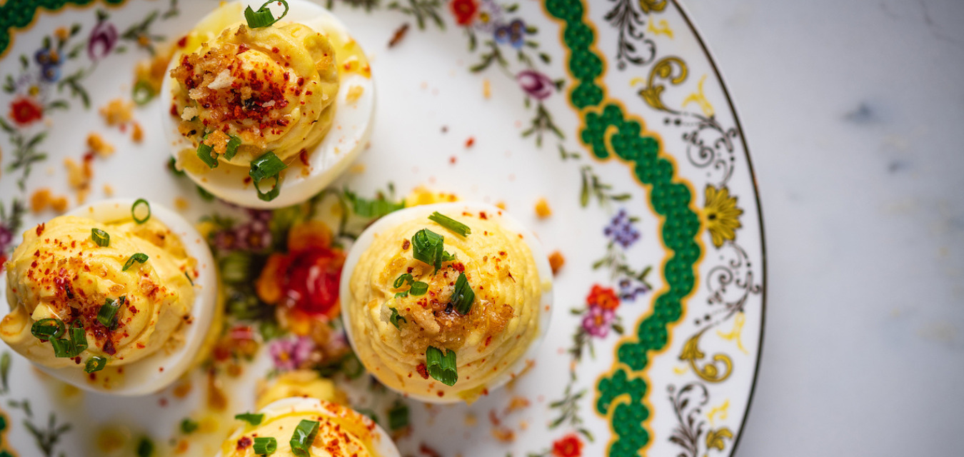 Plate of deviled eggs from one of 8 deviled egg recipes