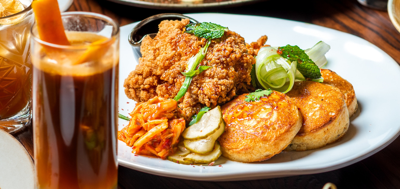 Fried chicken, veggies, and kimchi from Bellweather House