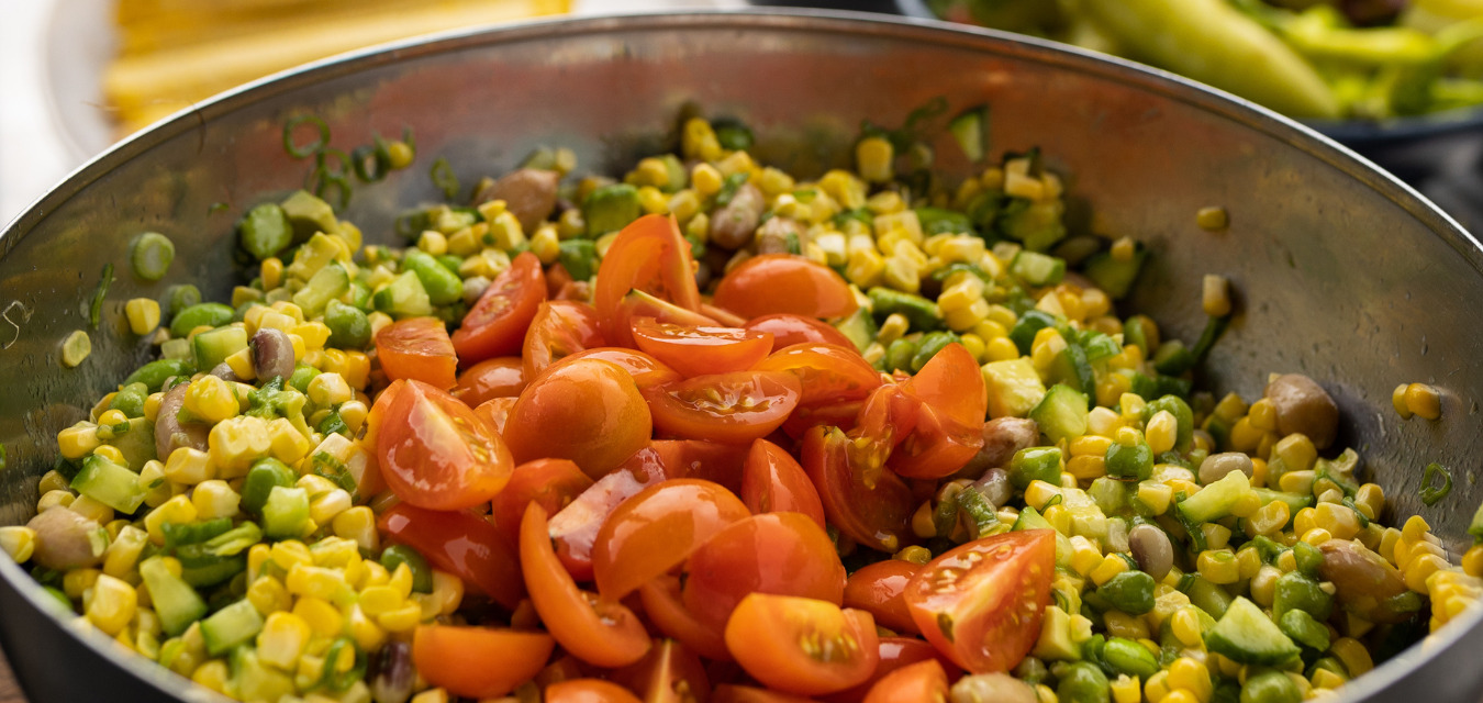 Roasted corn salad with cherry tomatoes on top