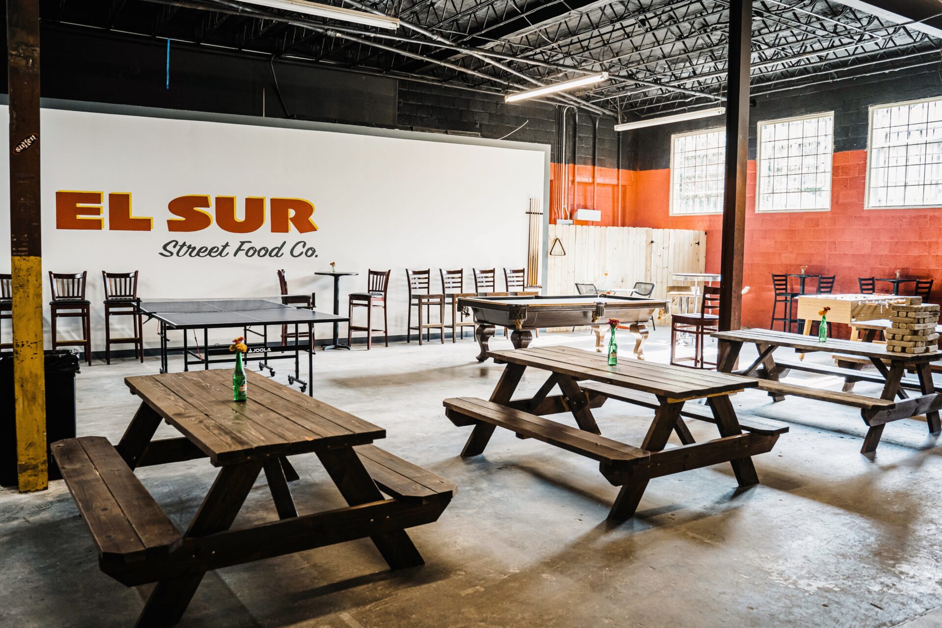 Interior and tables for El Sur Street Food Co. in Little Rock 