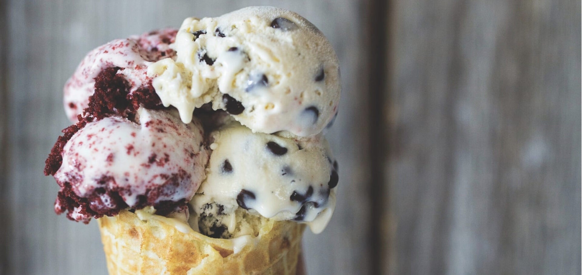 Chocolate chip and red velvet gelato in a cone, one of five no bake dessert options
