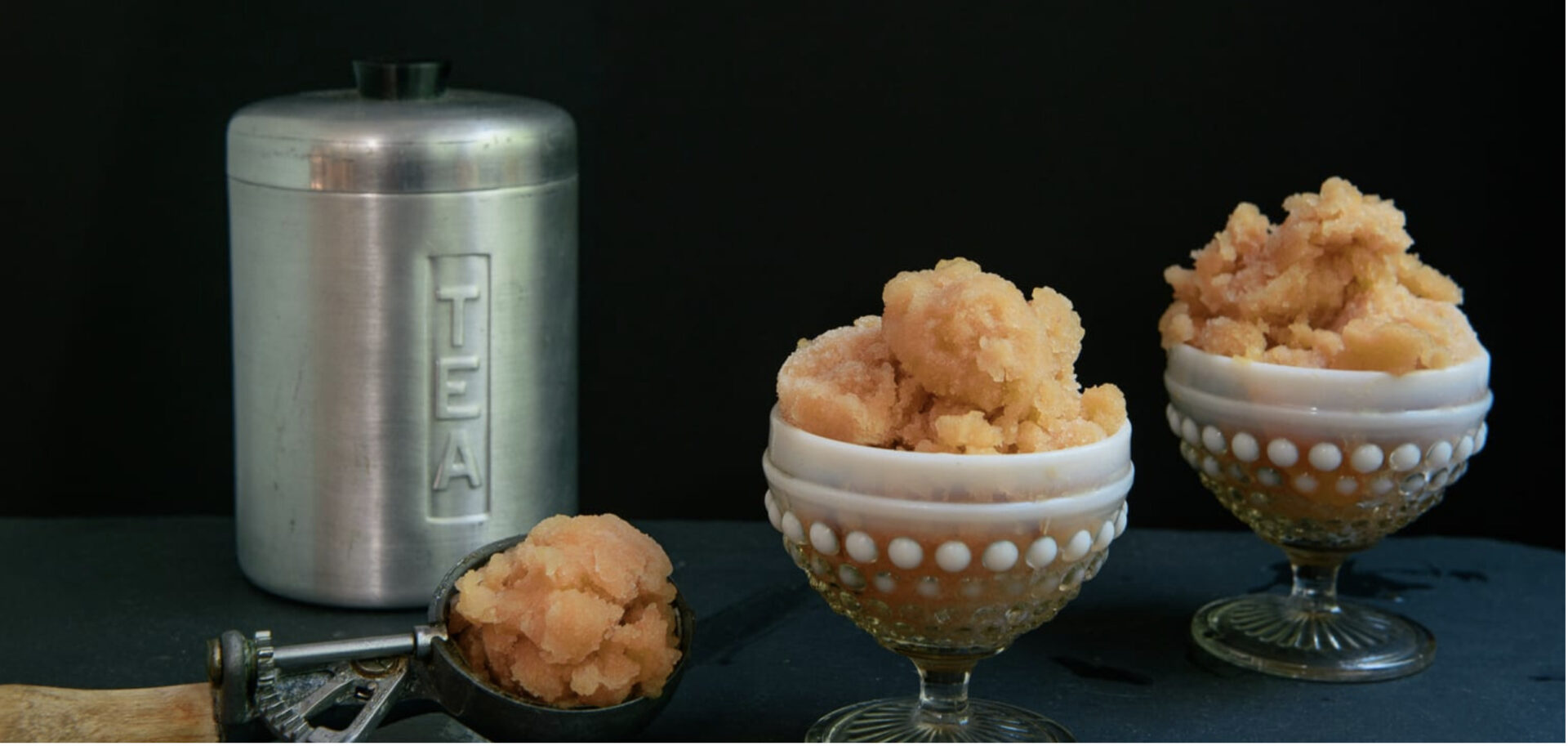Goblets and a scooper of peach iced tea sorbet, one of five no-bake dessert options