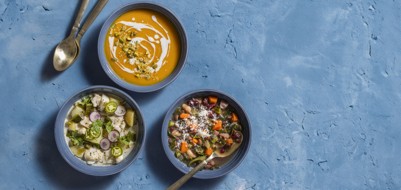 Fall Soups and stews against a blue background