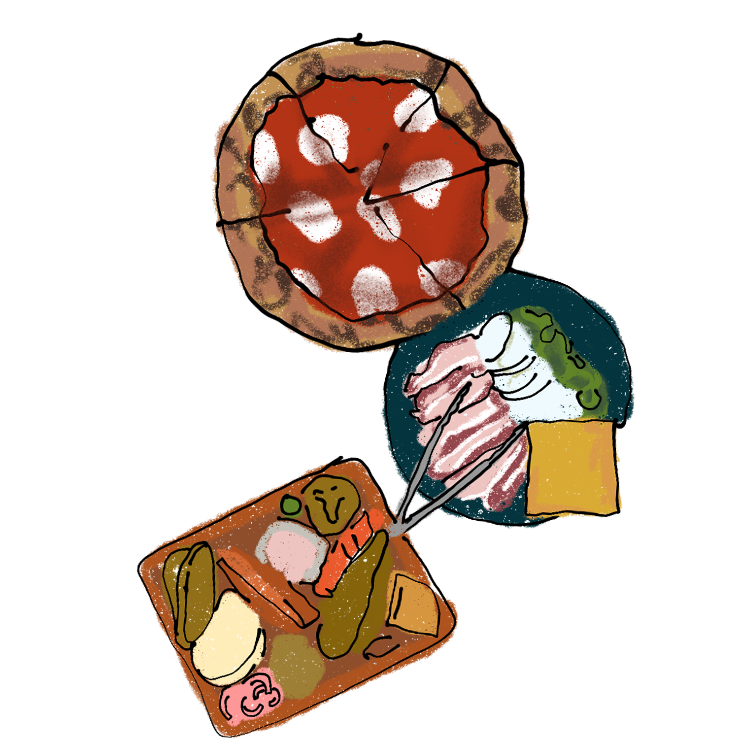 illustration of pizza, fish, and barbecue from Charleston to Savannah