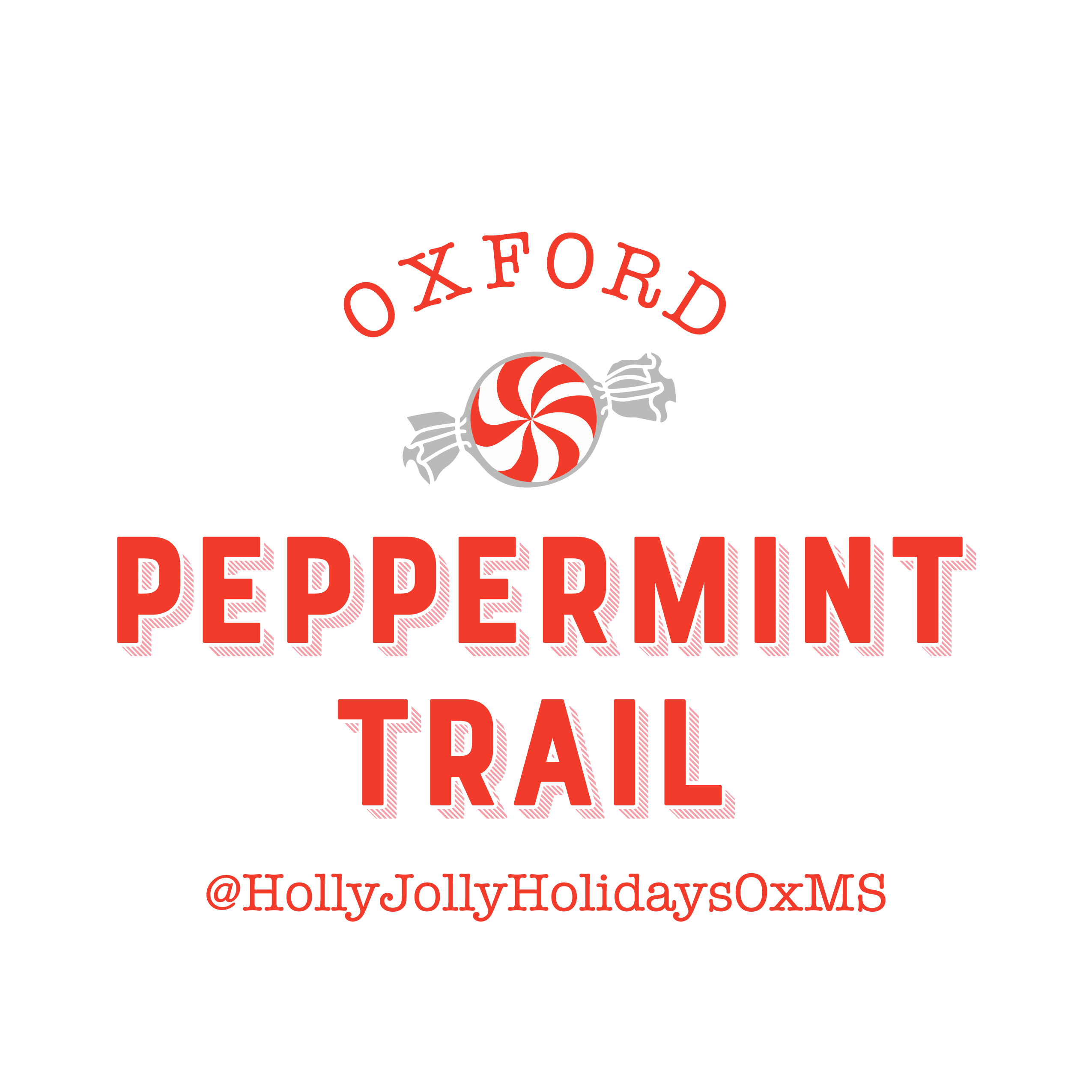Logo that features an image of a red and white swirled peppermint cant and says " Oxford Peppermint Trail" in red letters.