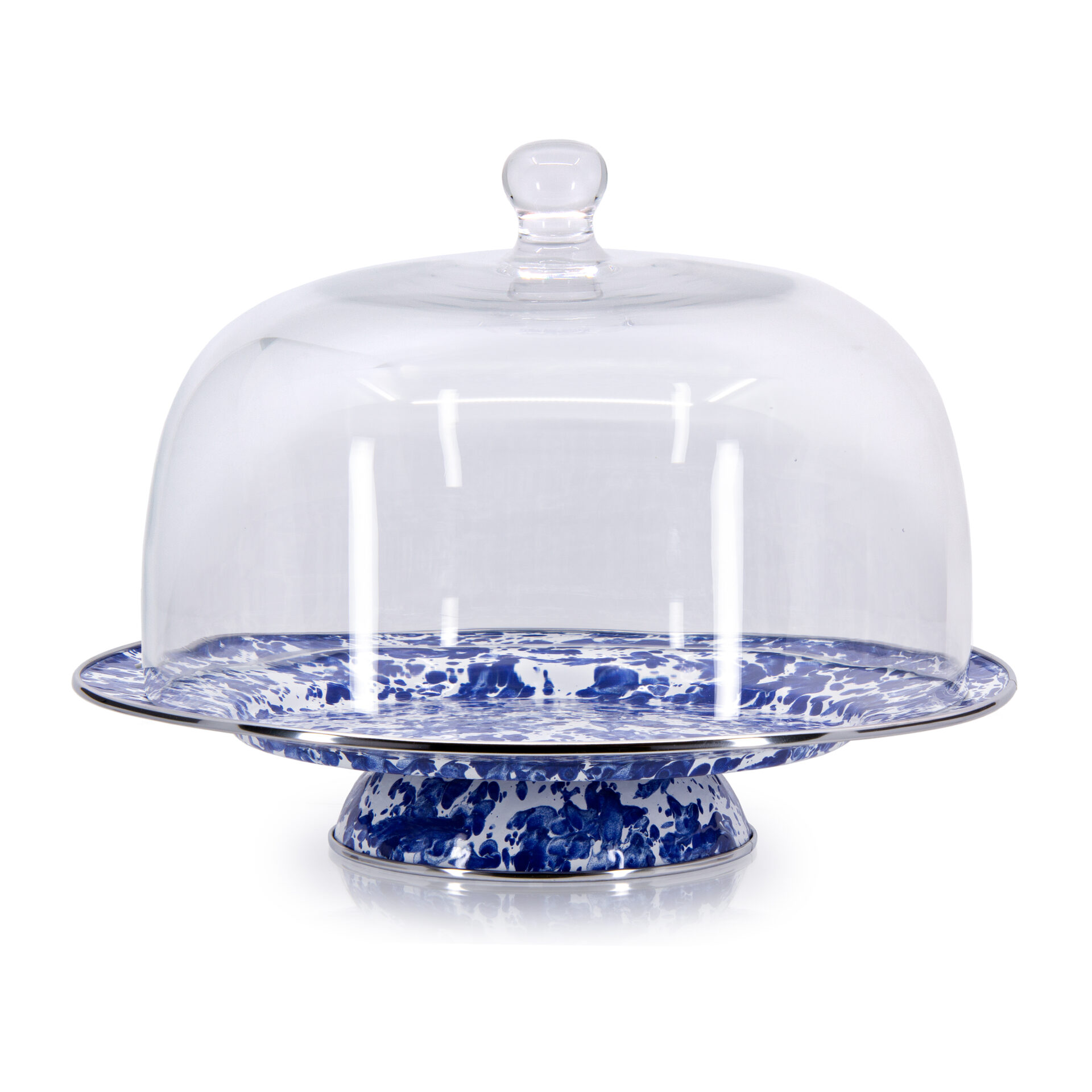 holiday baking supplies:  an image of a cobalt blue patterned cake stand with a clear lid 
