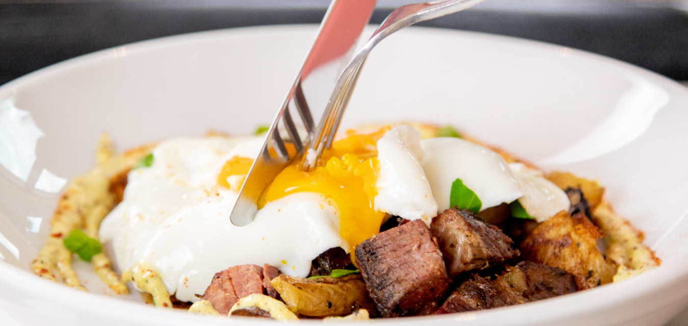 Potato persimmon hash with an egg on top