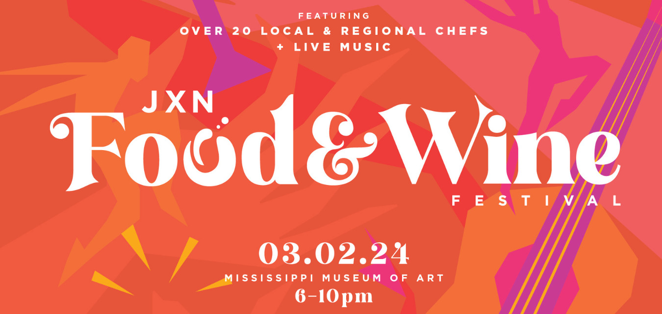 A red and purple graphic with white text that reads JXN Food and Wine Festival - March 2, 2024.