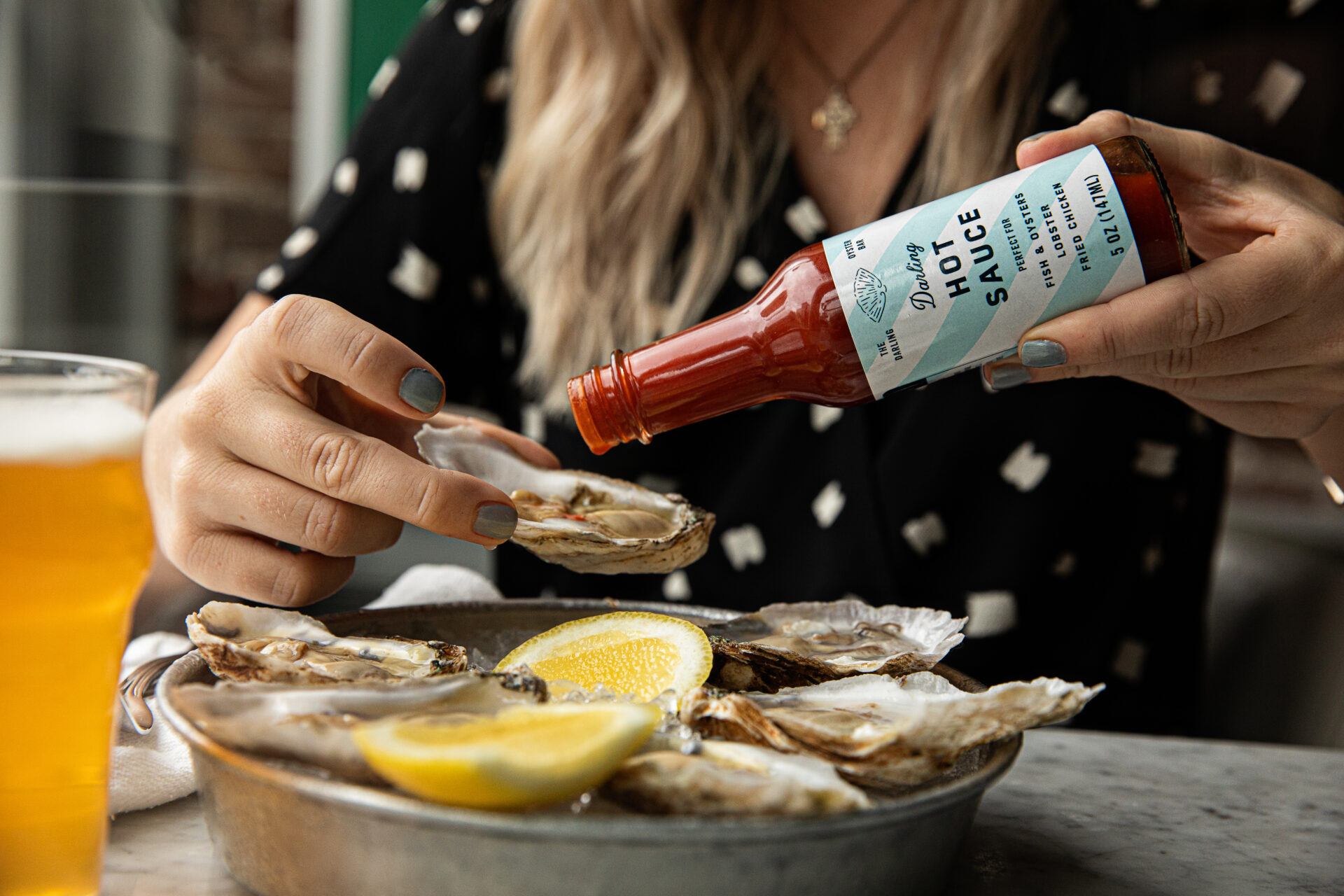 Oysters and Darling Hot Sauce