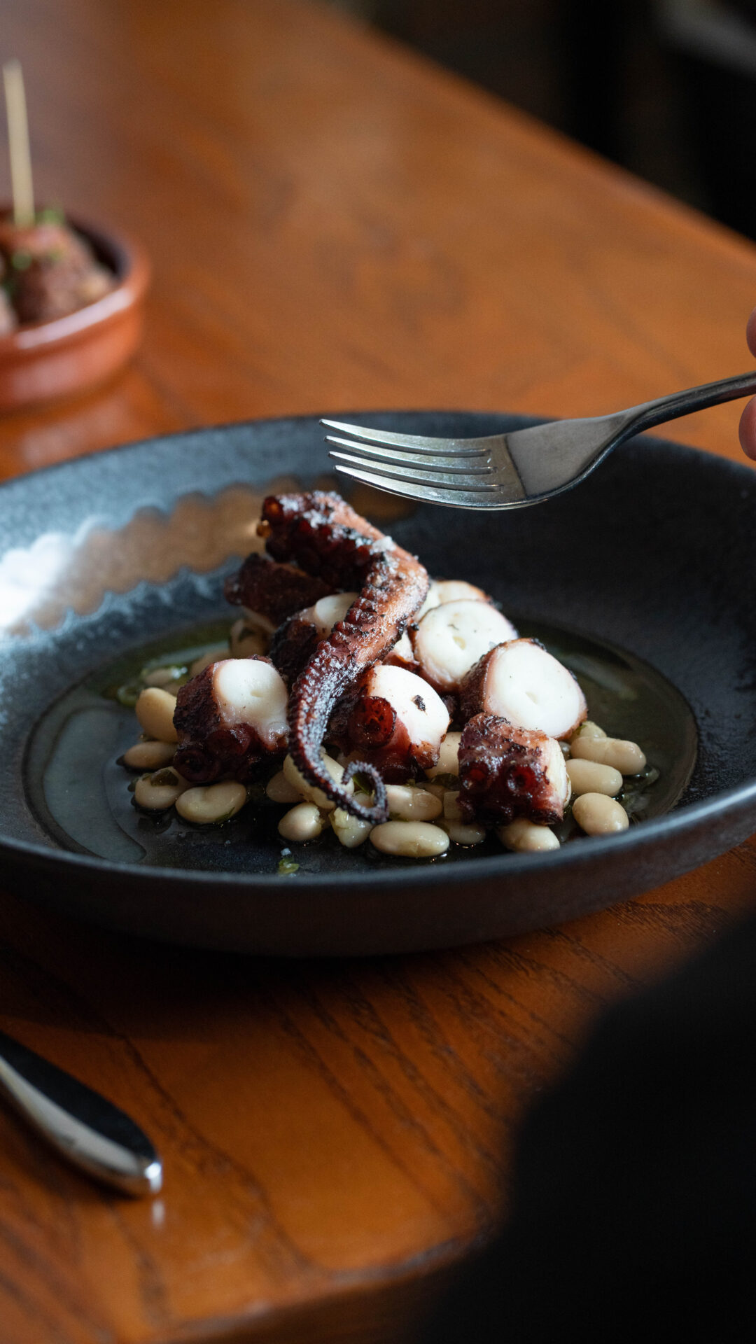 A plate with an octopus tentacle and beans is about to be eaten with fork at Crudo Nudo in Norfolk