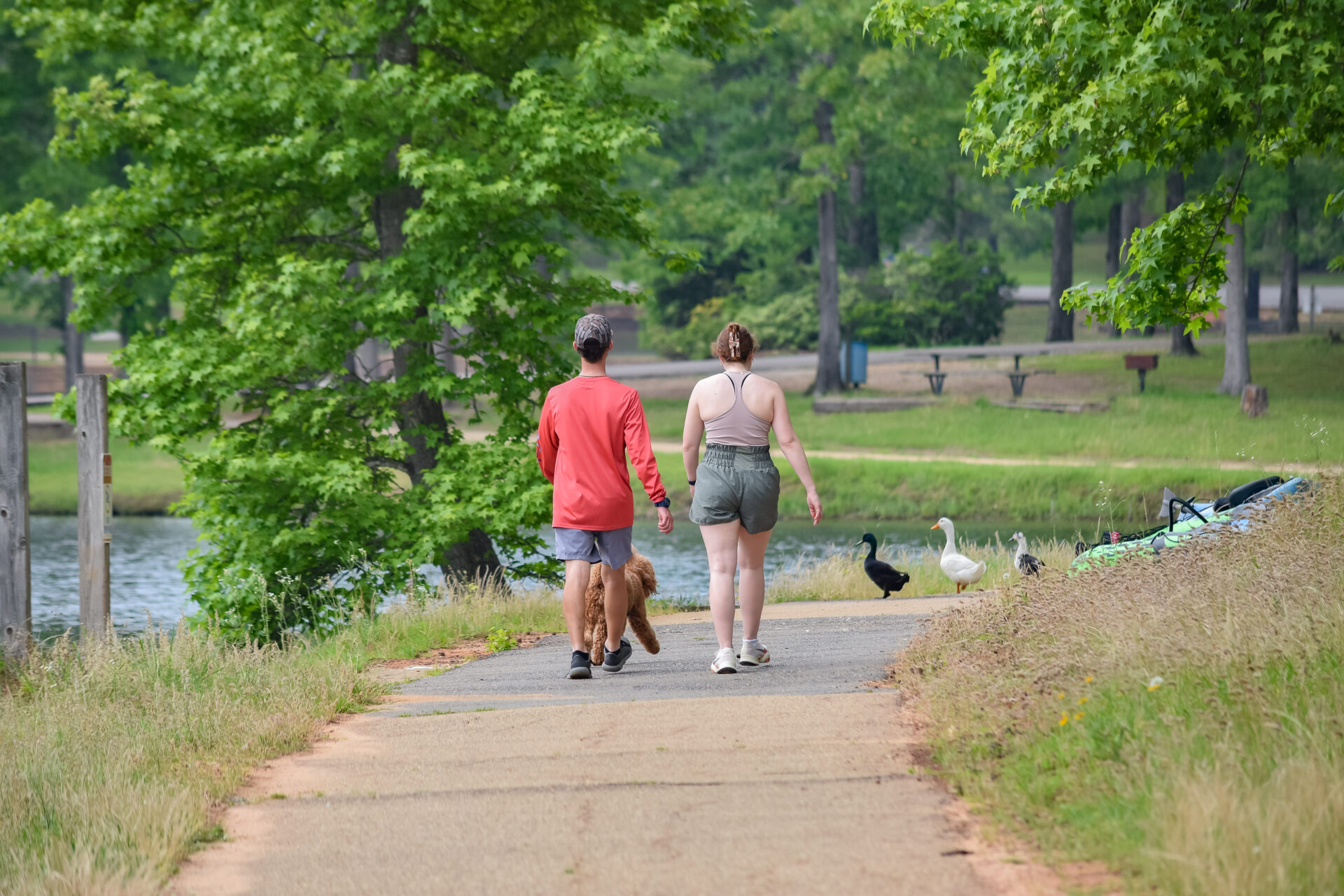 Two people walking with a dog along the Hoogland Lake bank at Lincoln Parish Park in Ruston, Louisiana.