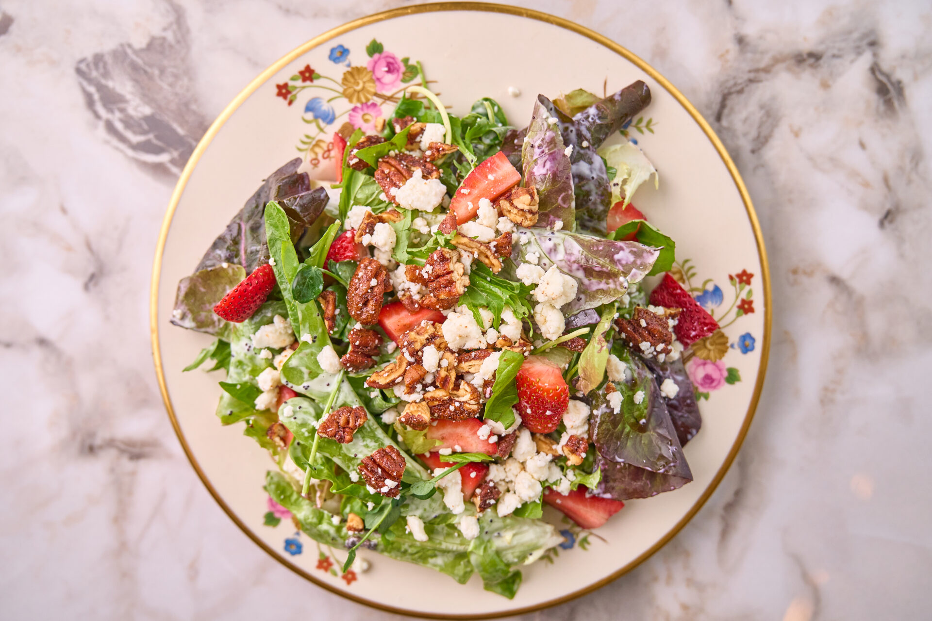 Spring Greens strawberry basil spiced pecans feta poppy seed dressing 