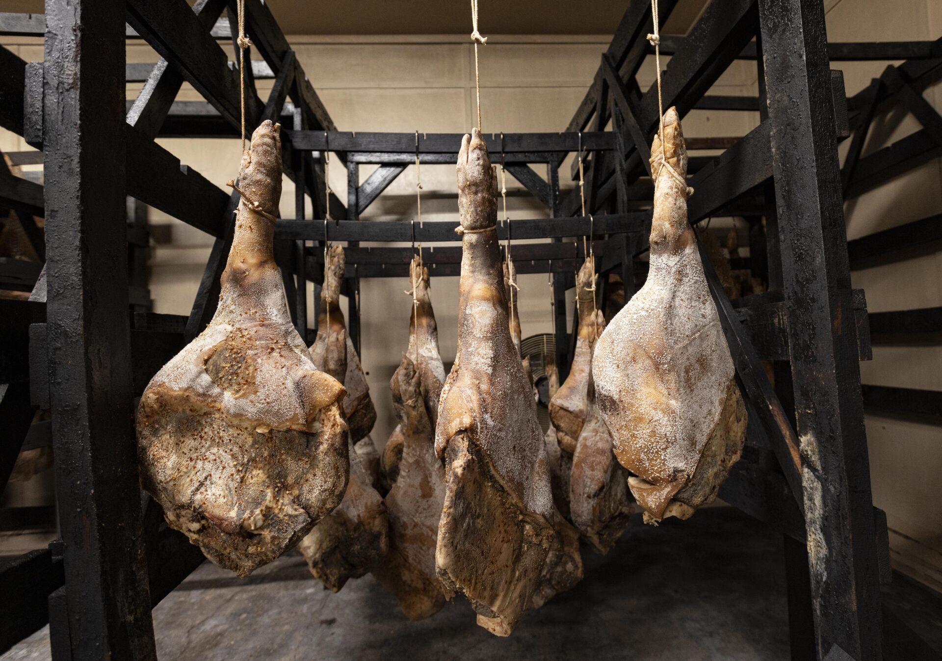 Hams hang as they cure at Benton's Smoky Mountain Country Hams