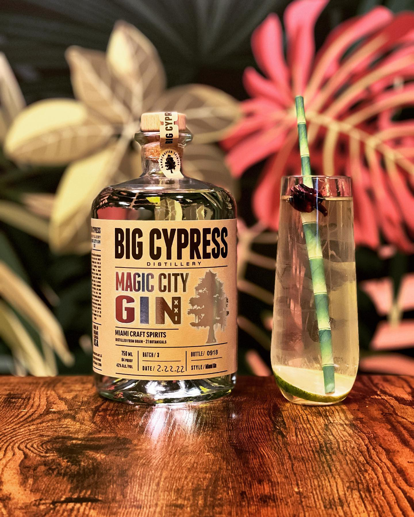 Image of Big Cypress gin bottle and cocktail.