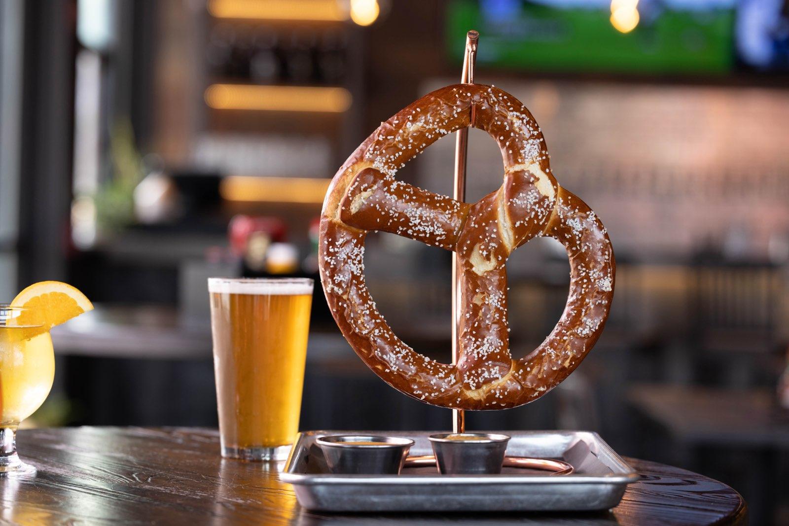 A pretzel and beer at Iron Forge Brewing Company in Sevierville, Tennessee. 